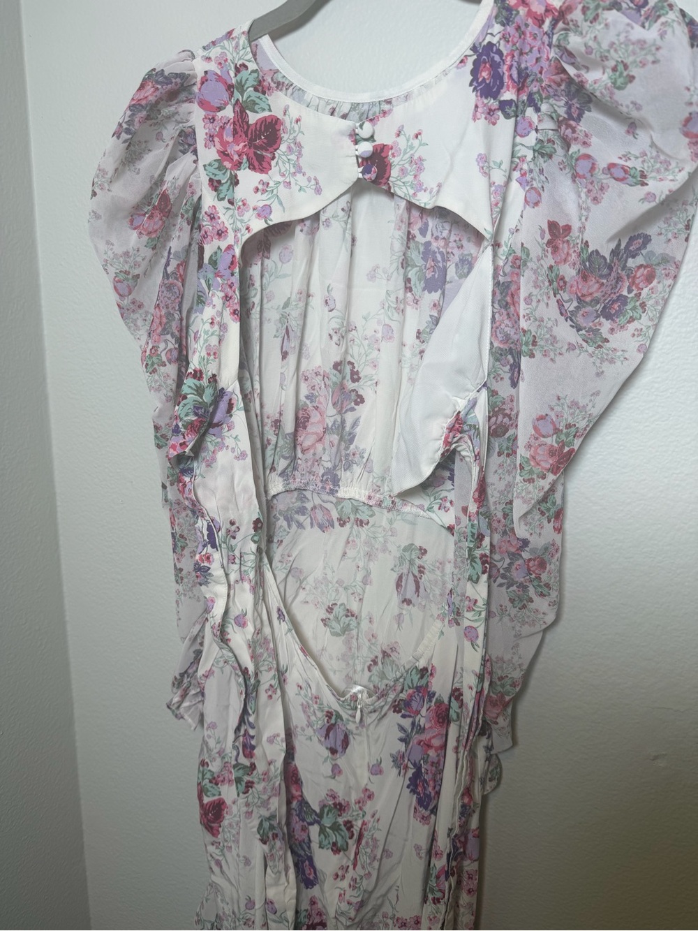 For Love & Lemons White Midi w/ Pink & Purple Floral Print Ruching & Open Back S - Picture 12 of 14